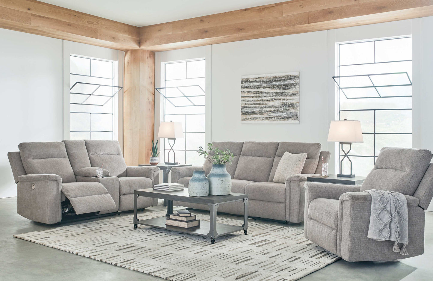 Barnsana Ash Micro Chenille Power Reclining Living Room Set / 3pc