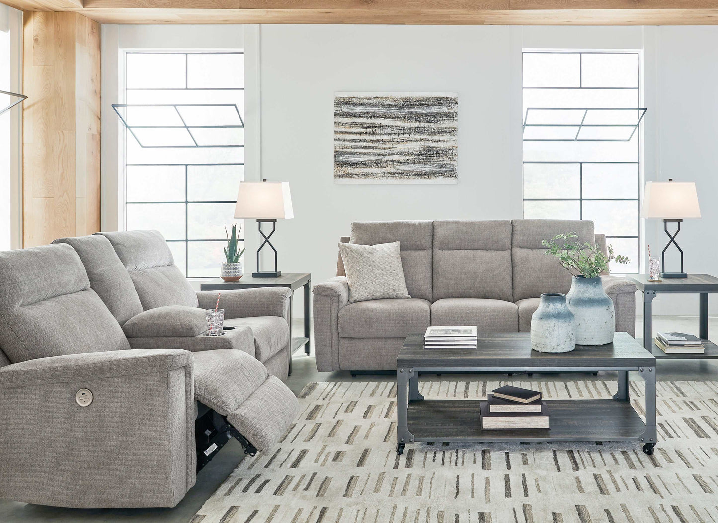 Barnsana Ash Micro Chenille Power Reclining Living Room Set / 2pc