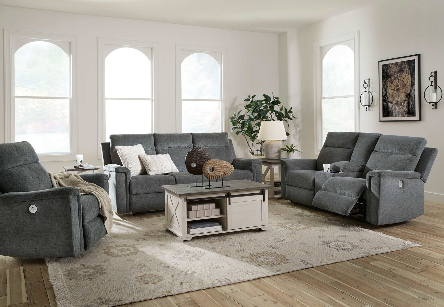 Barnsana Gravel Micro Chenille Power Reclining Living Room Set / 3pc