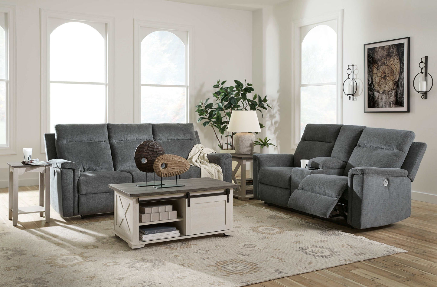 Barnsana Gravel Micro Chenille Power Reclining Living Room Set / 2pc