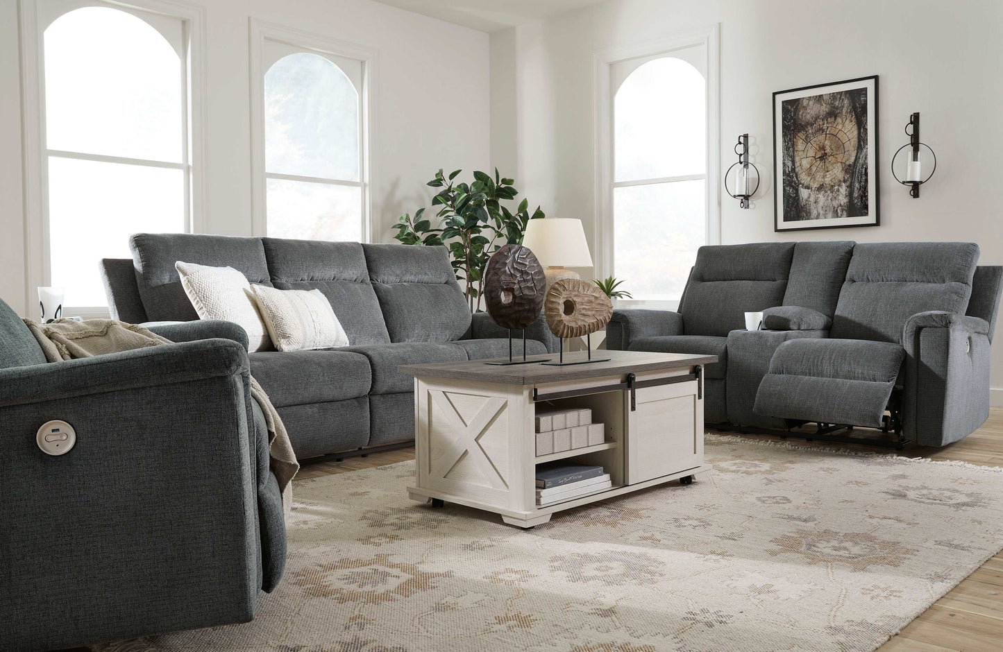 Barnsana Gravel Micro Chenille Power Reclining Living Room Set / 3pc