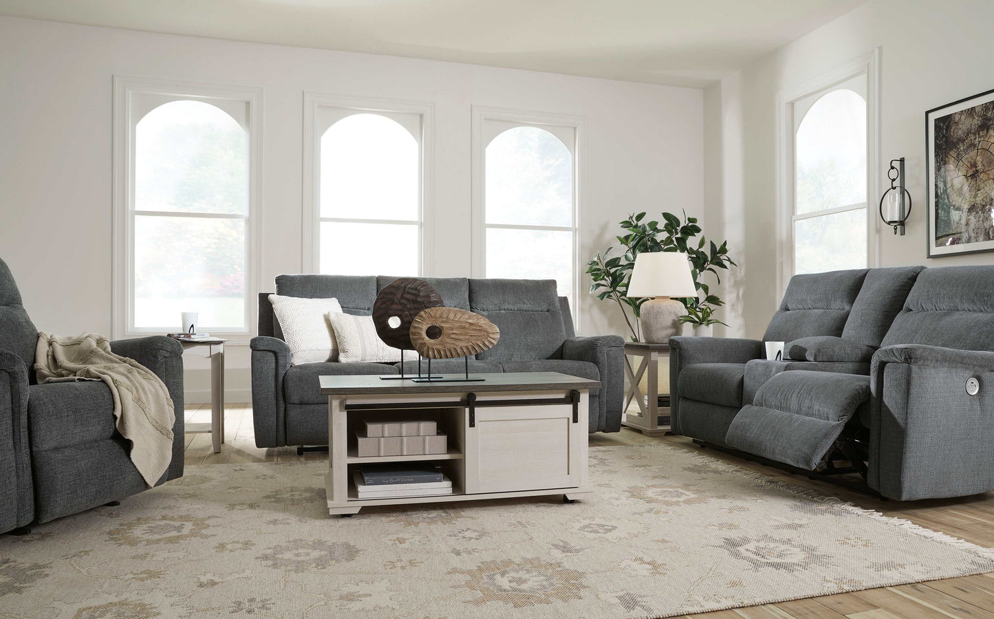 Barnsana Gravel Micro Chenille Power Reclining Living Room Set / 3pc