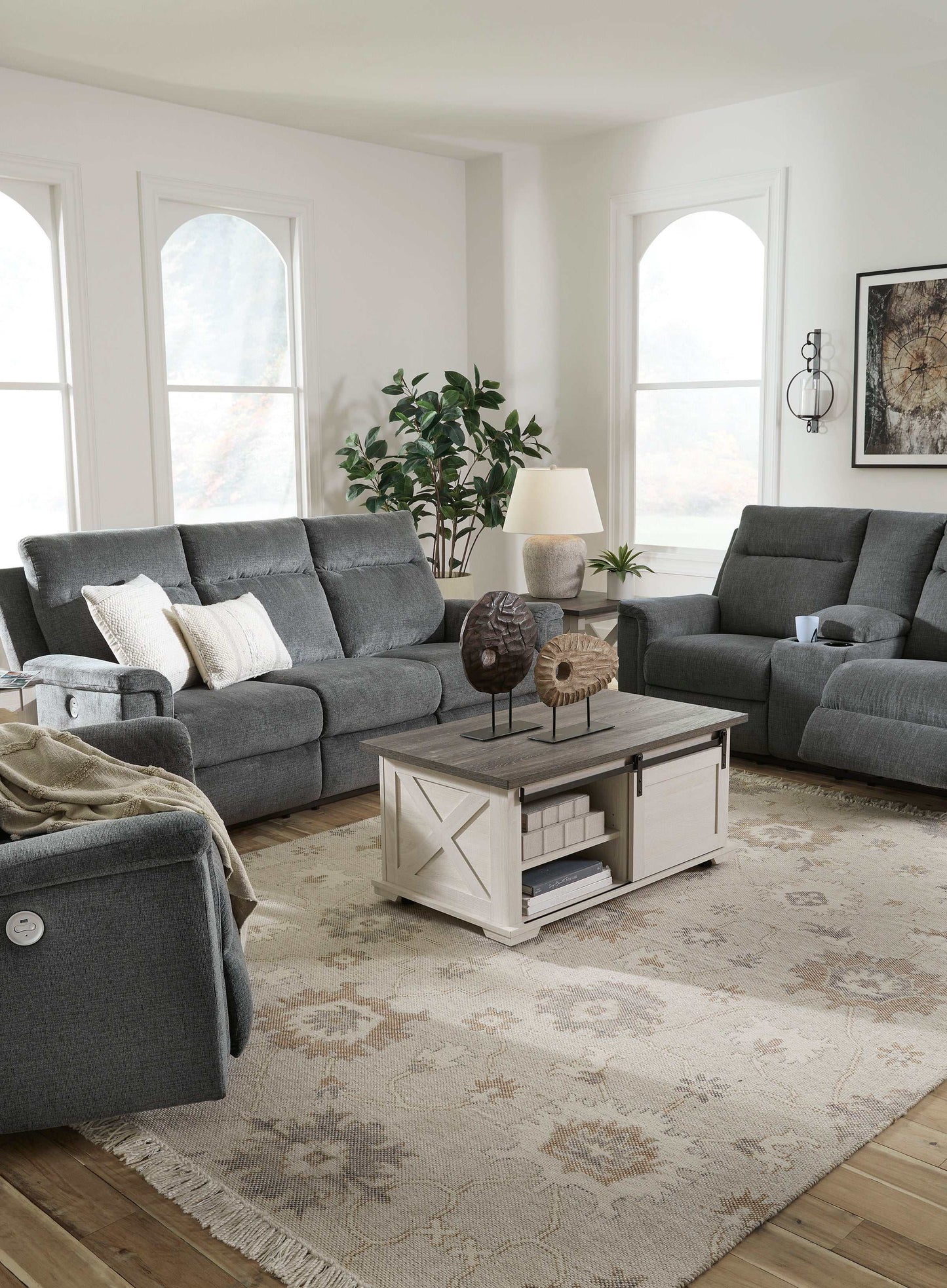 Barnsana Gravel Micro Chenille Power Reclining Living Room Set / 3pc