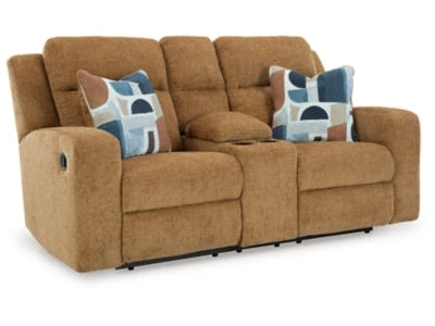 Kanlow Honey Reclining Loveseat w/Console - Ornate Home