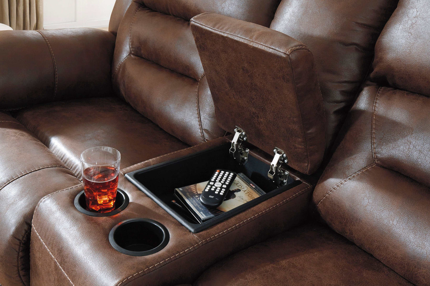 Stoneland Chocolate Reclining Loveseat w/ Console