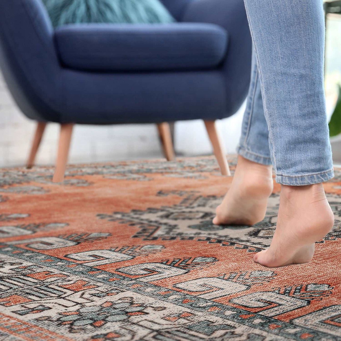 Rain Persian Orange Distressed Vintage Non-Slip Indoor Area Rug / 5'x7 - Ornate Home