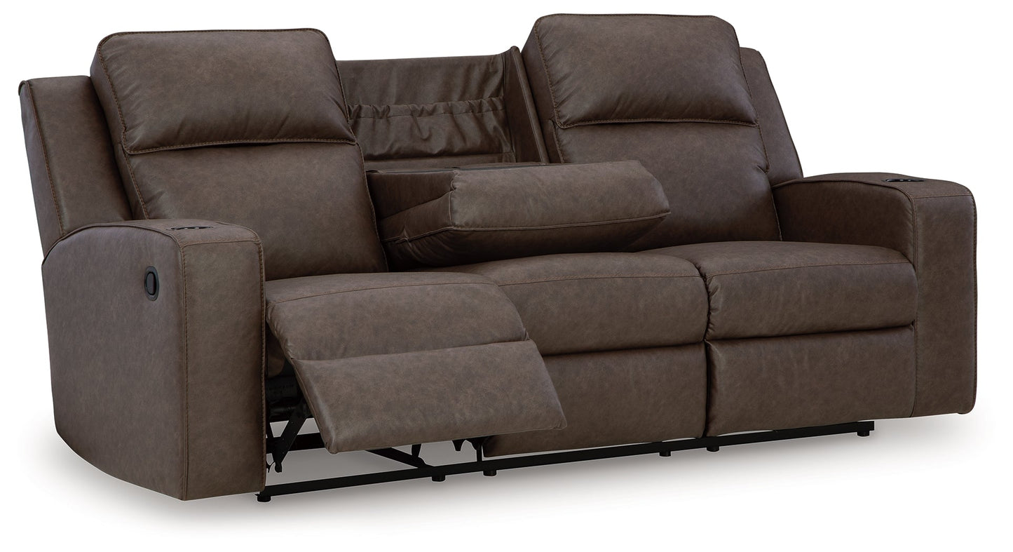 Lavenhorne Umber Reclining Sofa with Drop Down Table