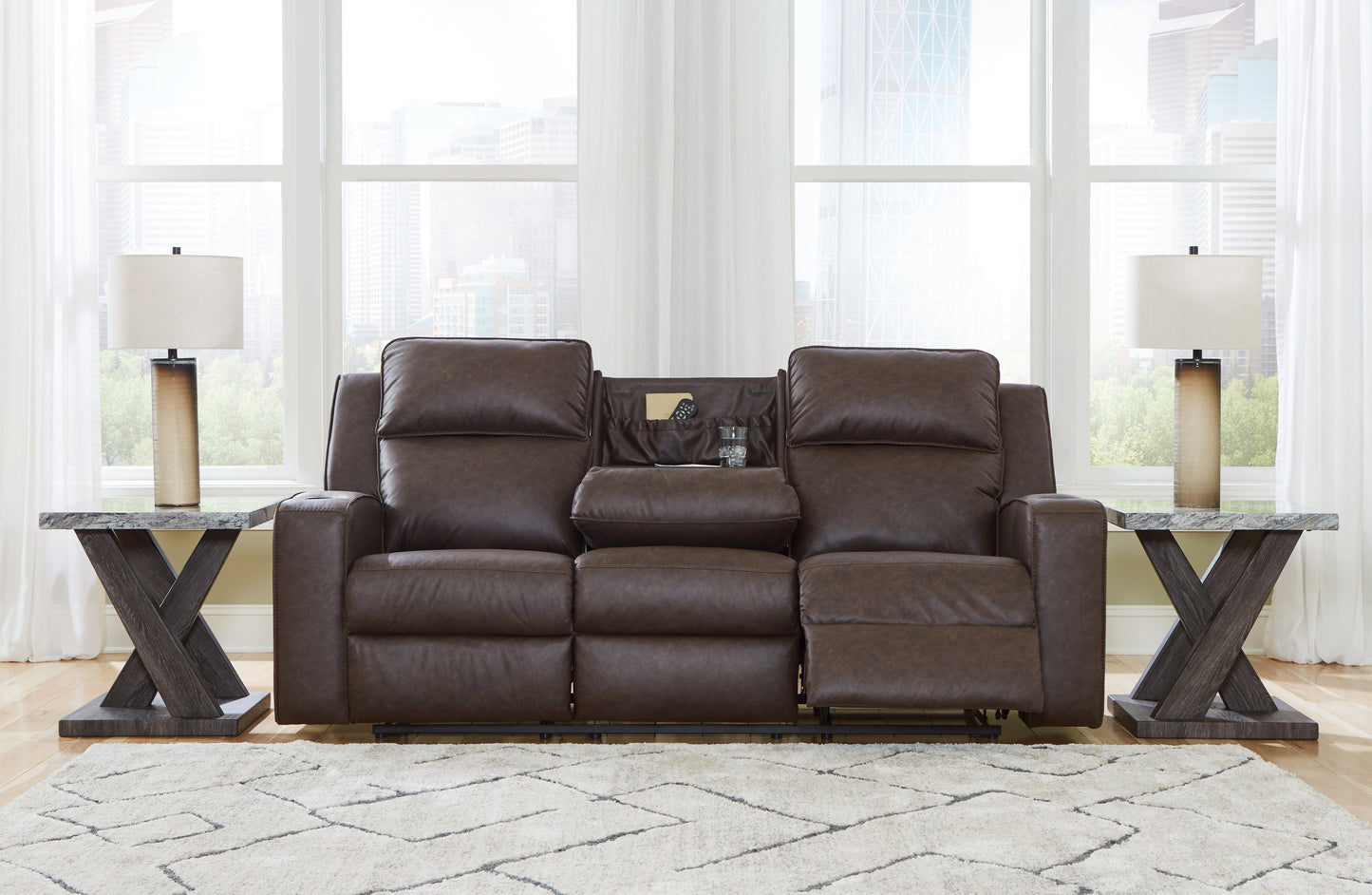Lavenhorne Umber Reclining Sofa with Drop Down Table