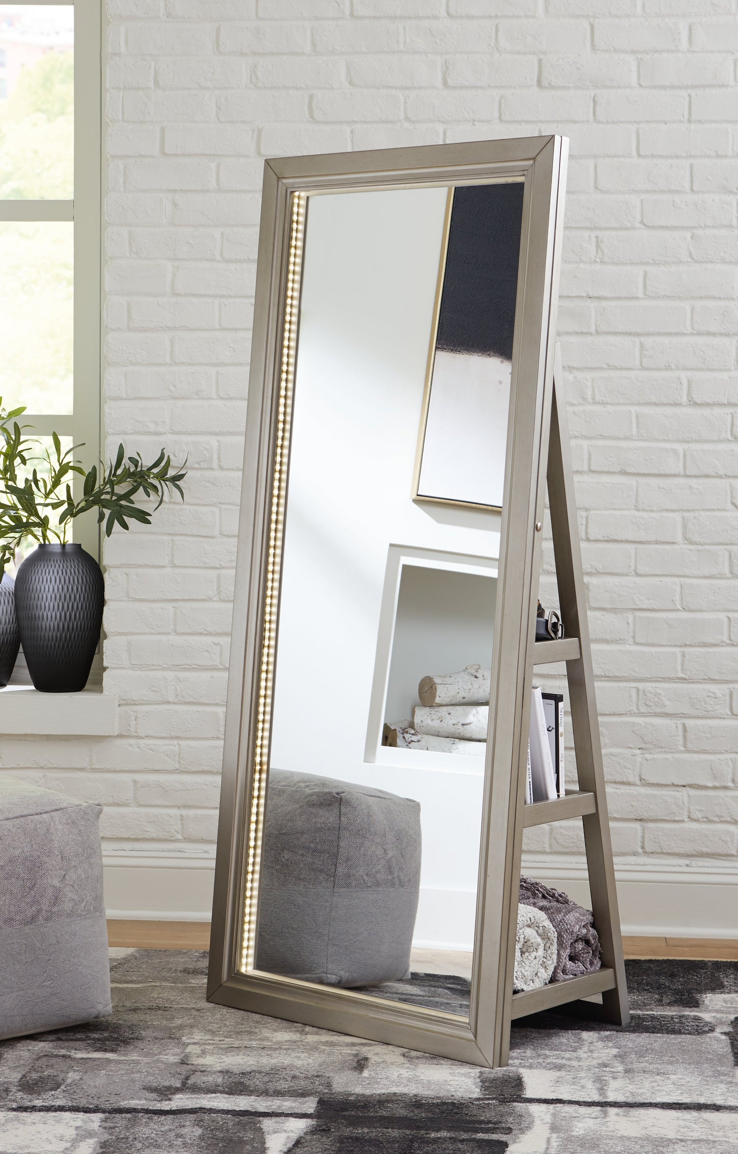 Evesen Champagne Floor Mirror w/ Storage