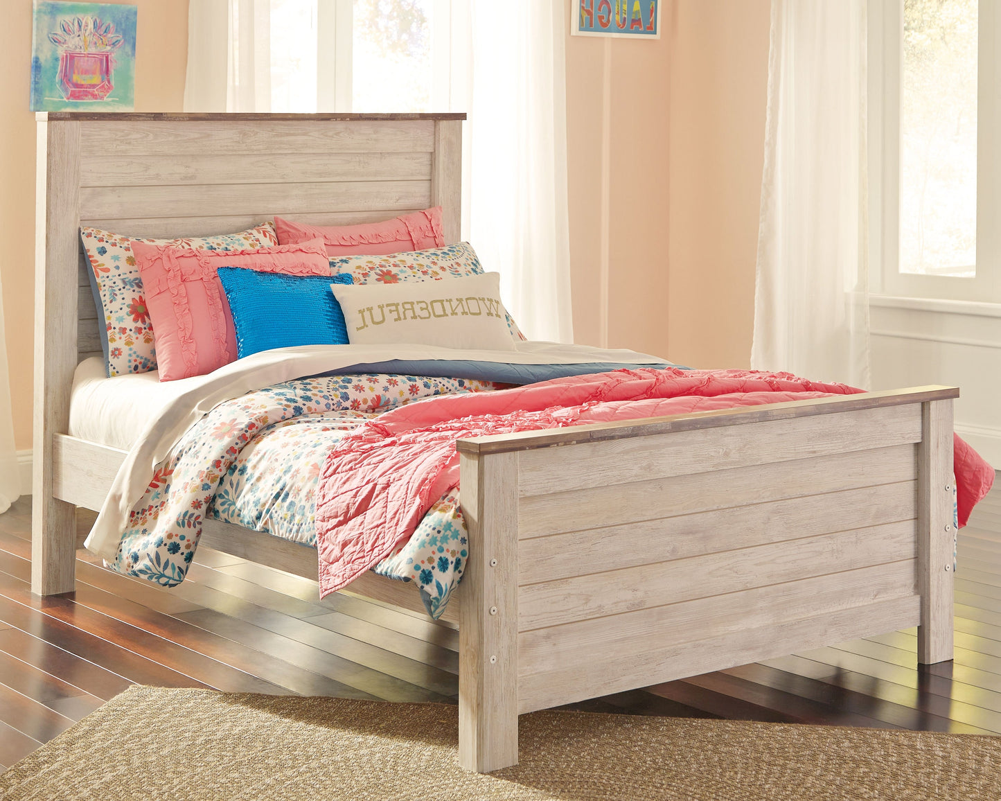 Willowton Whitewash Full Panel Bedroom Set with Dresser and Mirror