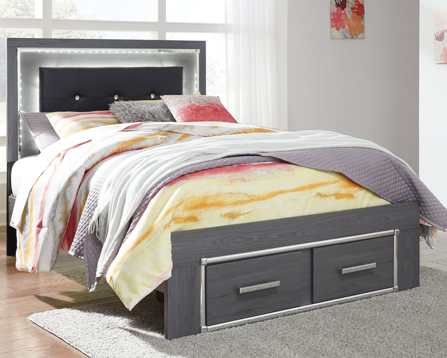 Lodanna Gray Full Upholstered Panel Storage Bedroom Set with Dresser, Mirror, and Nightstand
