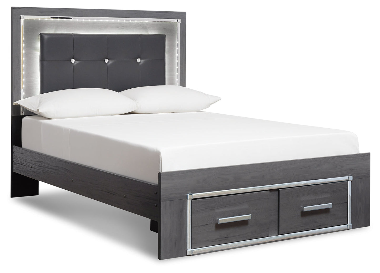 Lodanna Gray King Upholstered Storage Bedroom Set with Dresser, Mirror, Chest, and Nightstand