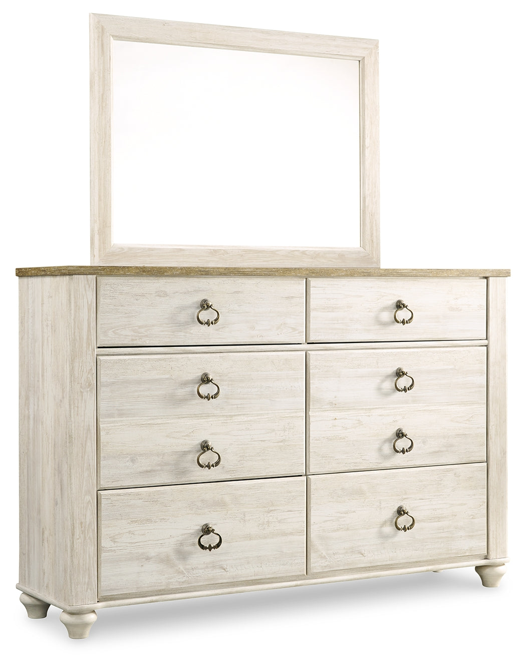 Willowton Whitewash Queen Sleigh Bedroom Set with Mirrored Dresser and Nightstand