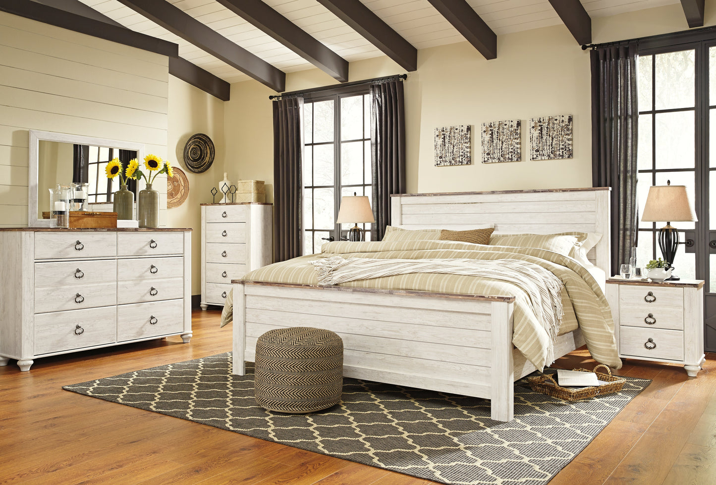 Willowton Whitewash King Panel Bedroom Set with Dresser, Mirror, Chest and 2 Nightstands