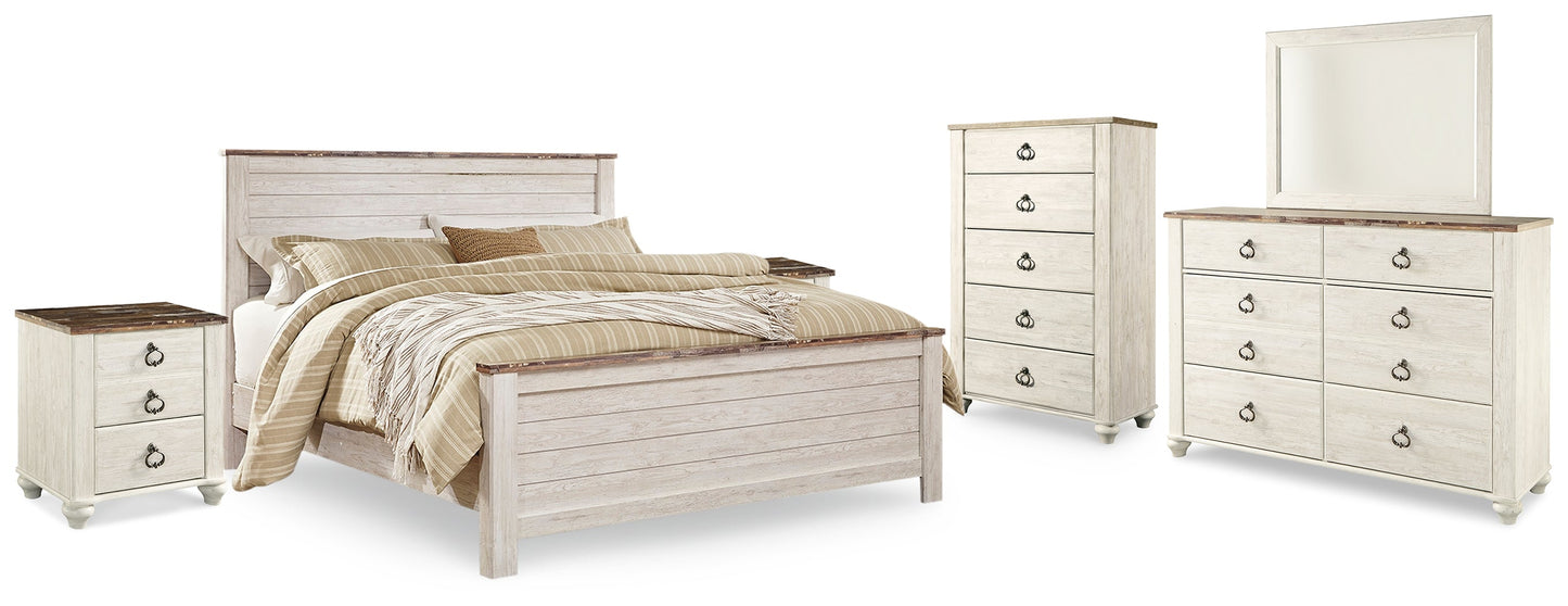 Willowton Whitewash King Panel Bedroom Set with Dresser, Mirror, Chest and 2 Nightstands