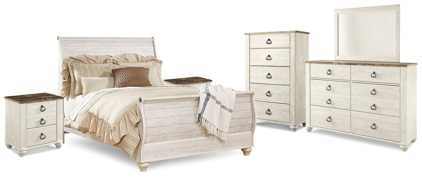 Willowton Whitewash Queen Sleigh Bedroom Set with 2 Dressers, Mirror, Chest and 2 Nightstands
