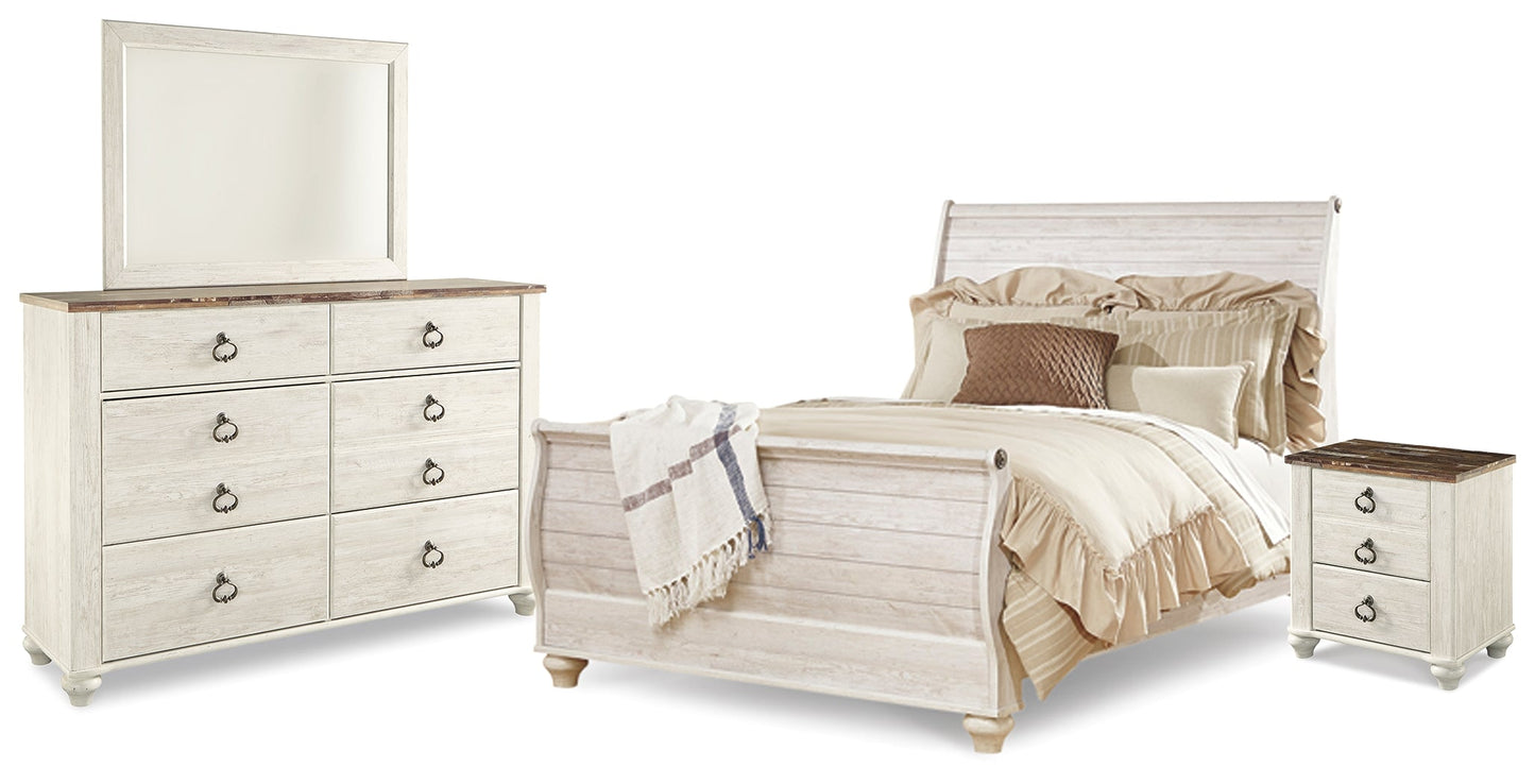 Willowton Whitewash Queen Sleigh Bedroom Set with Mirrored Dresser and Nightstand