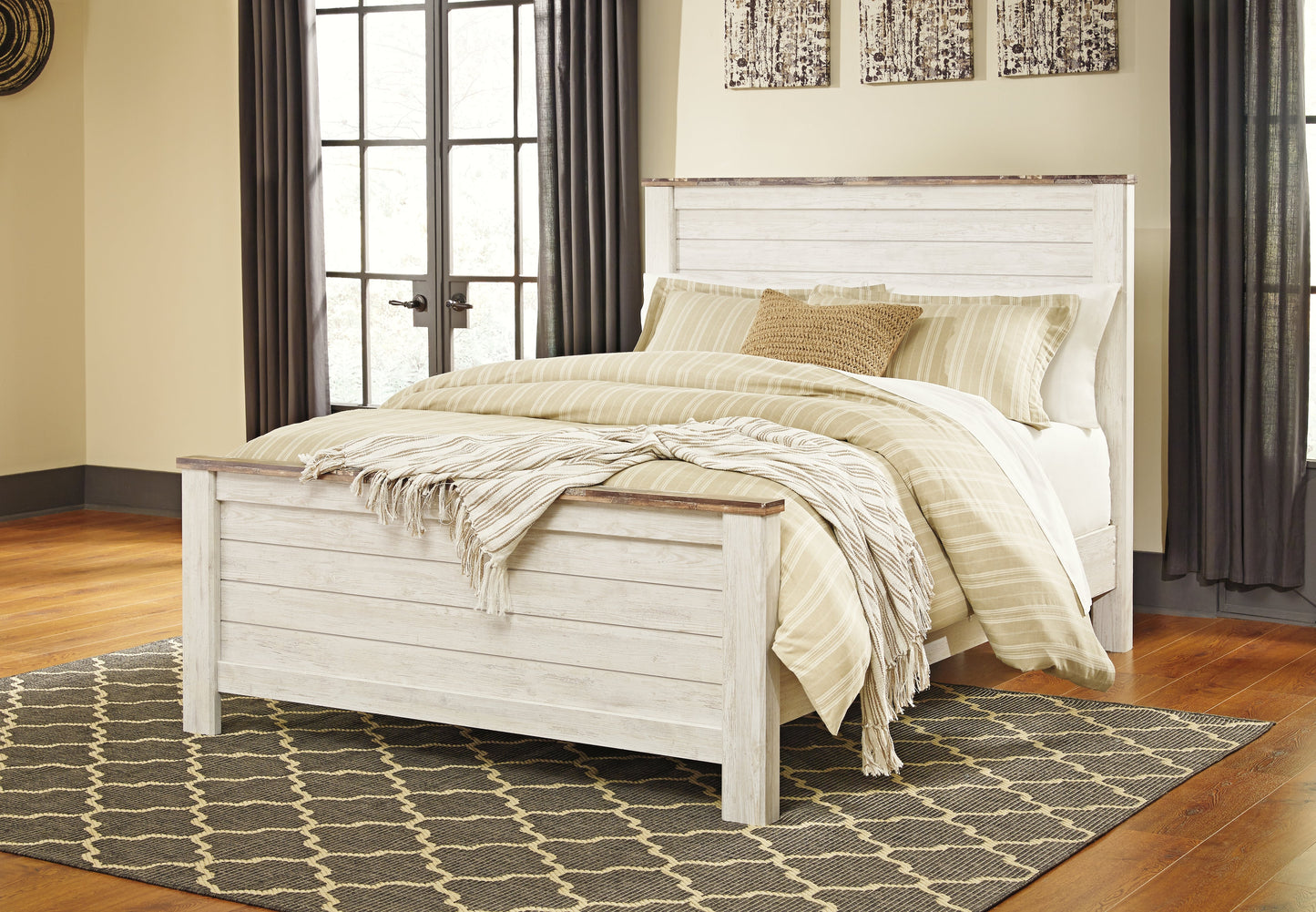 Willowton Whitewash Queen Panel Bedroom Set with Dresser, Mirror, Chest and 2 Nightstands