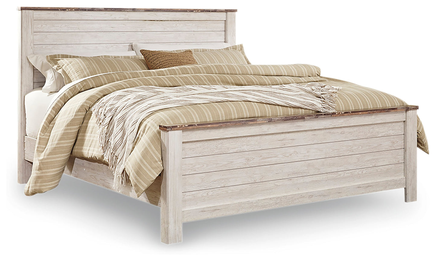 Willowton Whitewash King Panel Bedroom Set with Dresser, Mirror, Chest and 2 Nightstands