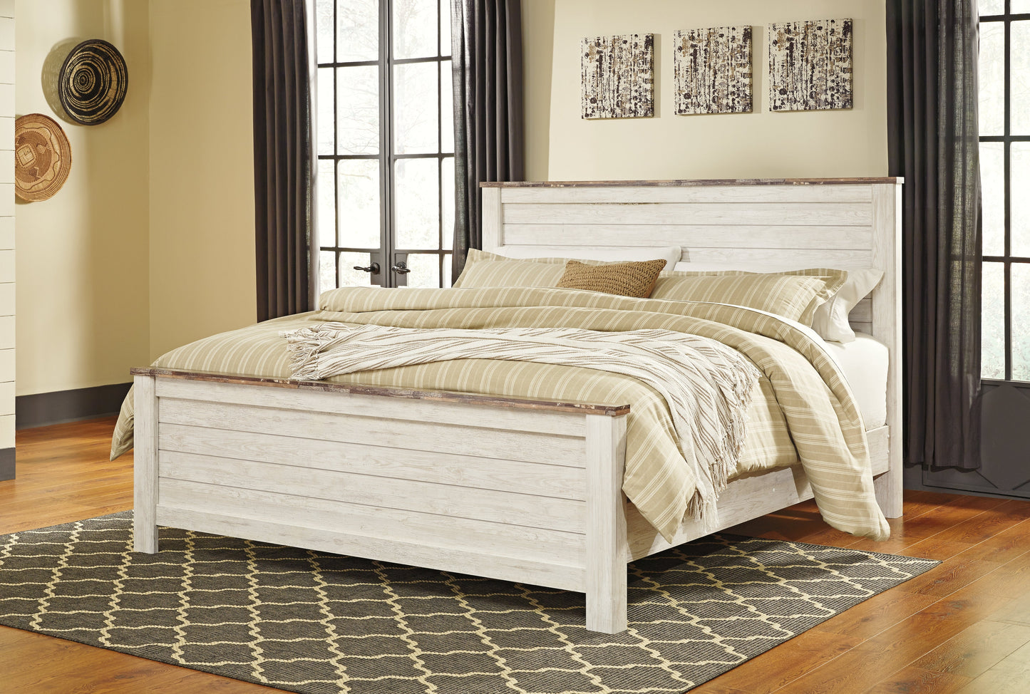 Willowton Whitewash King Panel Bedroom Set with Dresser, Mirror, and Nightstand