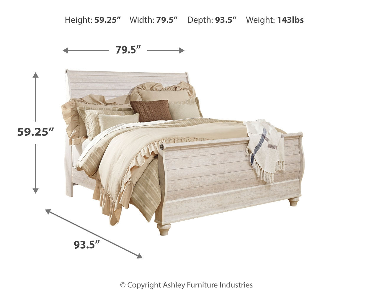 Willowton Whitewash King Sleigh Bedroom Set with Dresser, Mirror and 2 Nightstands