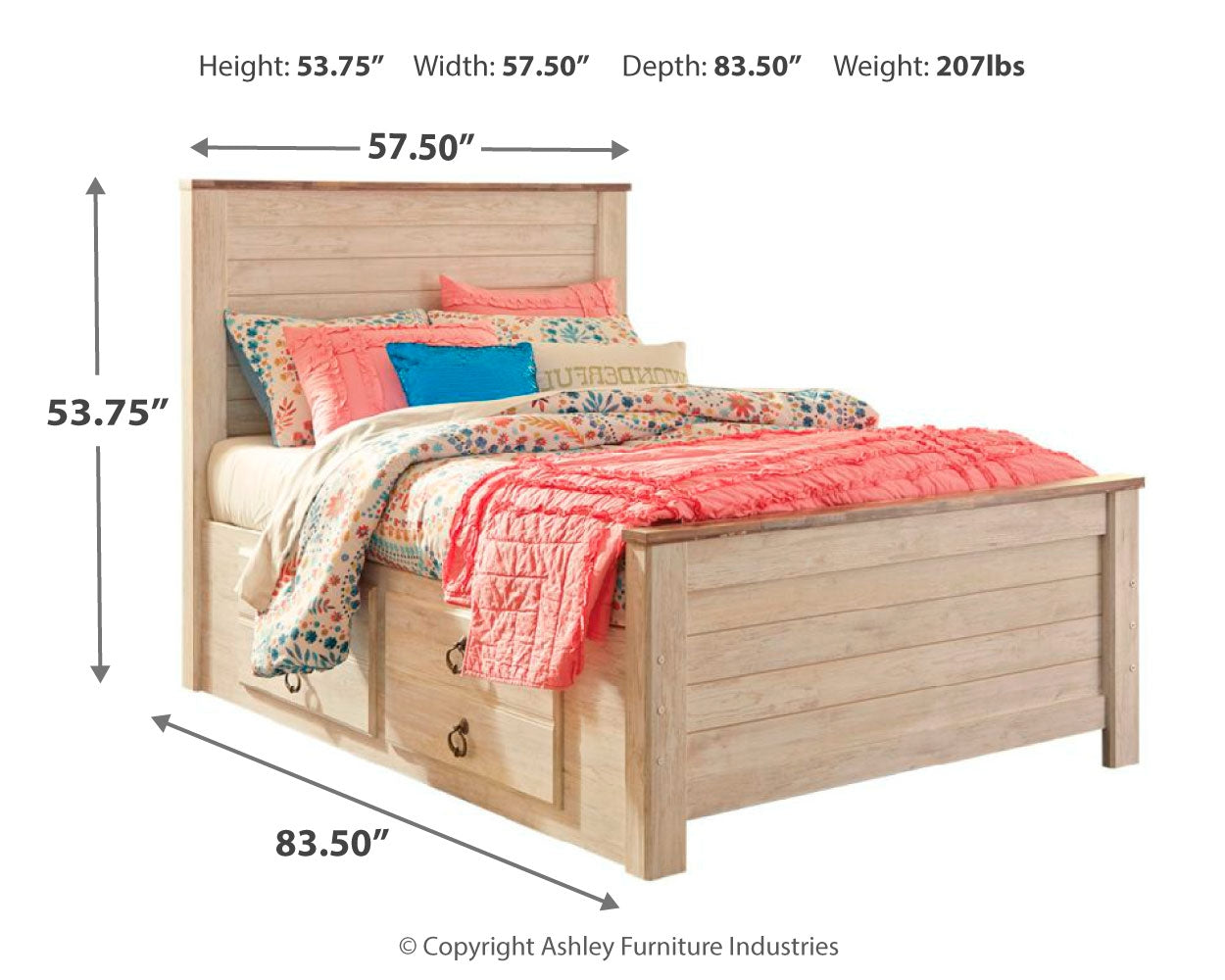 Willowton Whitewash Full Panel Bedroom Set with Storage, Dresser and Mirror