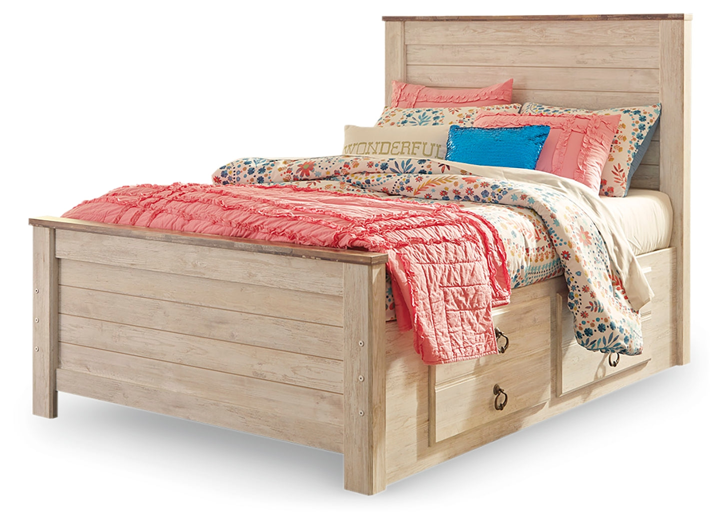 Willowton Whitewash Full Panel Bedroom Set with Storage, Dresser and Mirror