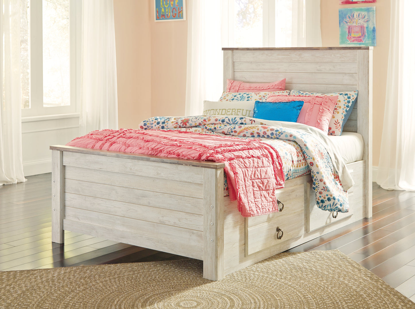 Willowton Whitewash Full Panel Bedroom Set with Storage, Dresser and Mirror