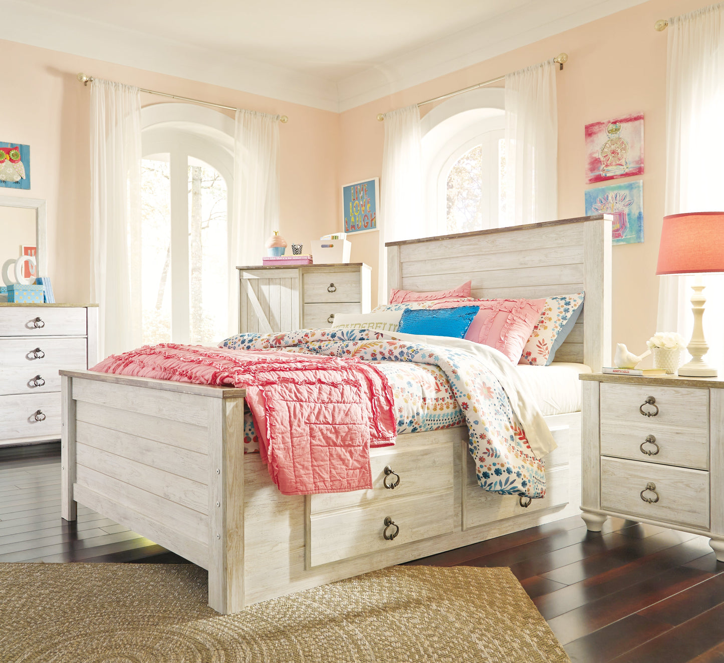 Willowton Whitewash Full Panel Bedroom Set with Storage, Dresser and Mirror