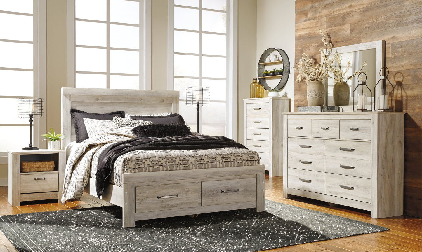 Bellaby Whitewash Queen Panel Storage Bedroom Set with Dresser and Mirror