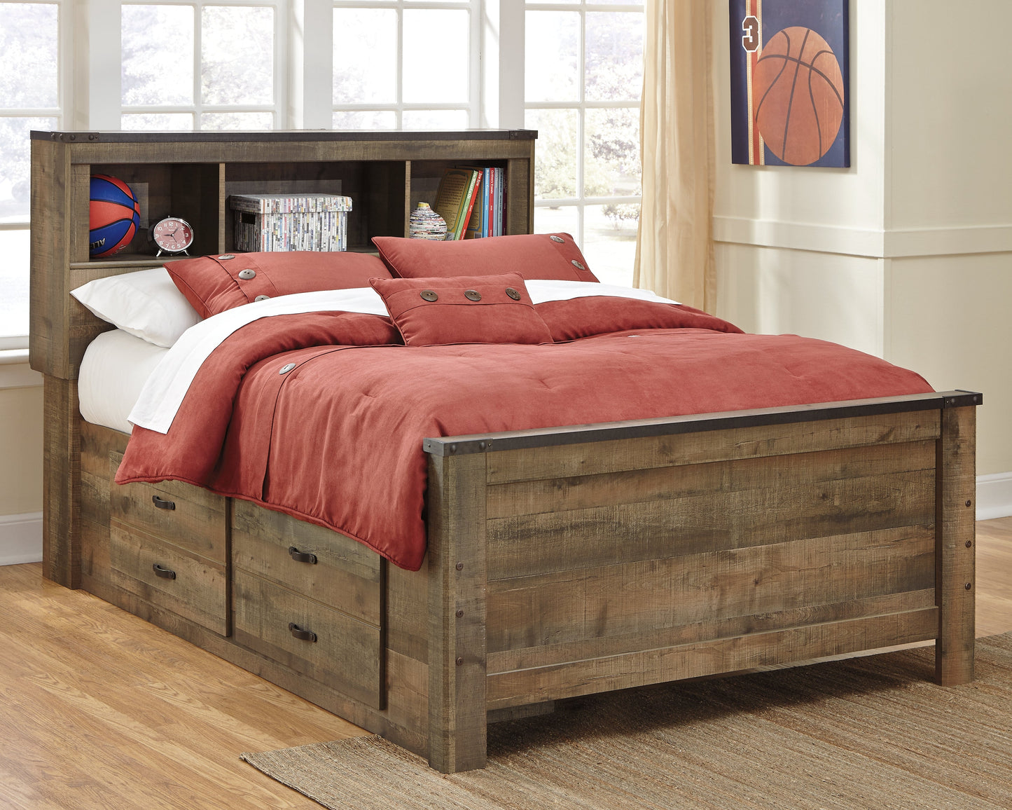 Trinell Brown Full Bookcase Youth Bed with 2 Sided Storage