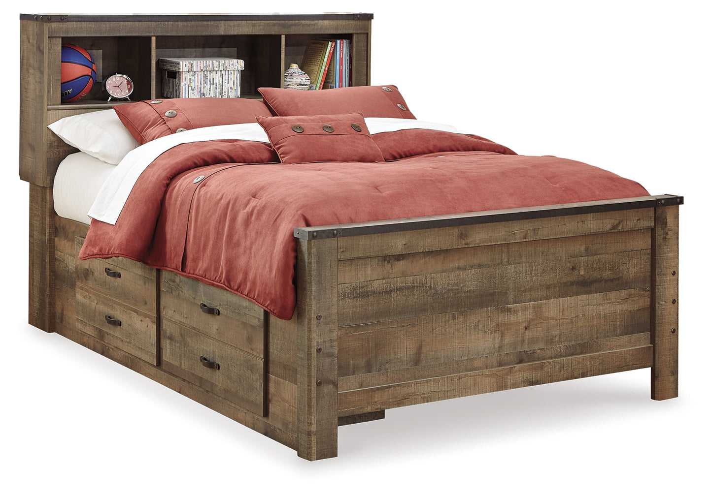 Trinell Brown Full Bookcase Youth Bed with 2 Sided Storage