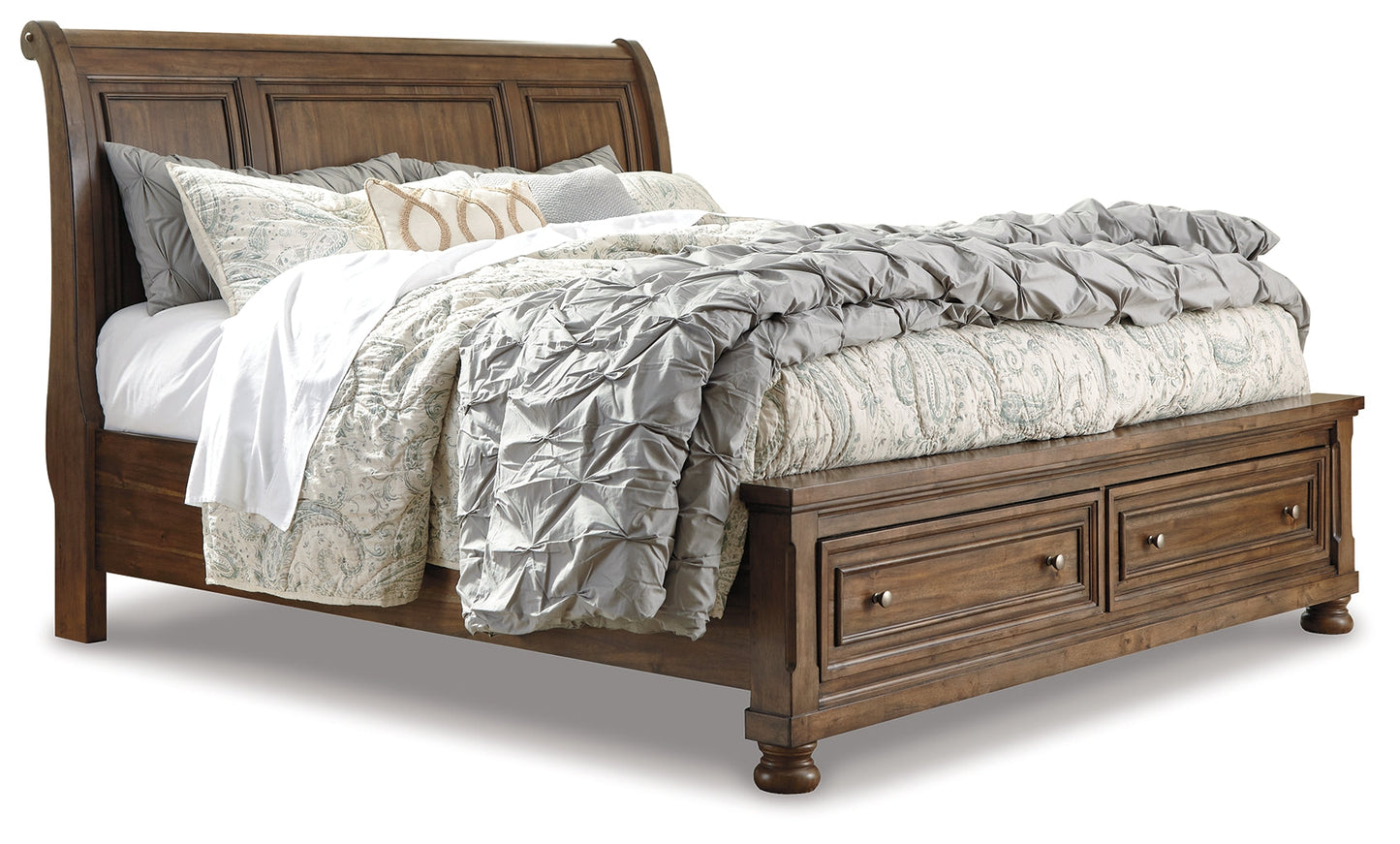 Flynnter Medium Brown Queen Sleigh Storage Bedroom Set with Dresser, Mirror and Nightstand