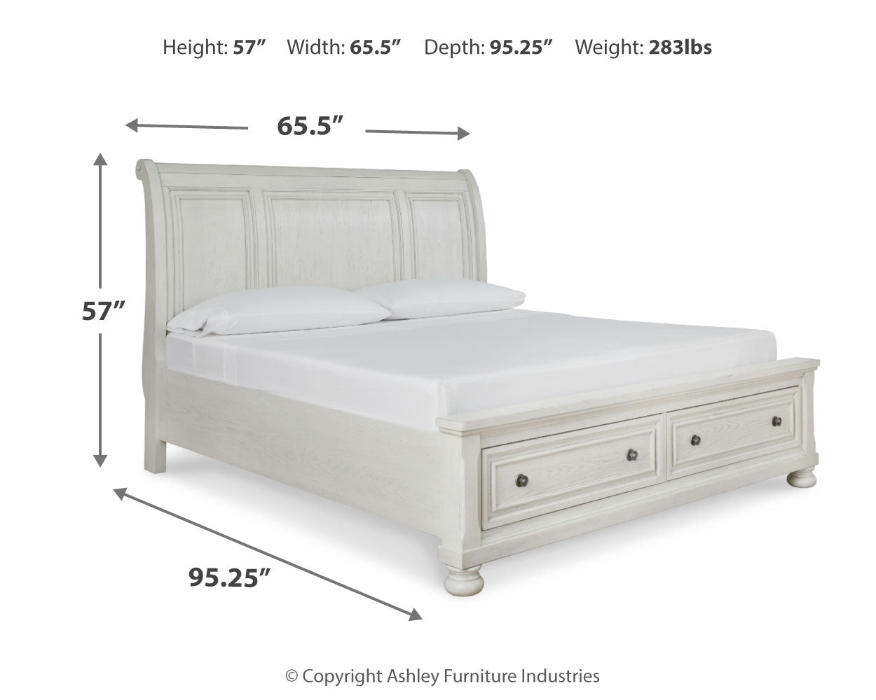 Robbinsdale White Queen Sleigh Storage Bedroom Set with Dresser and Mirror