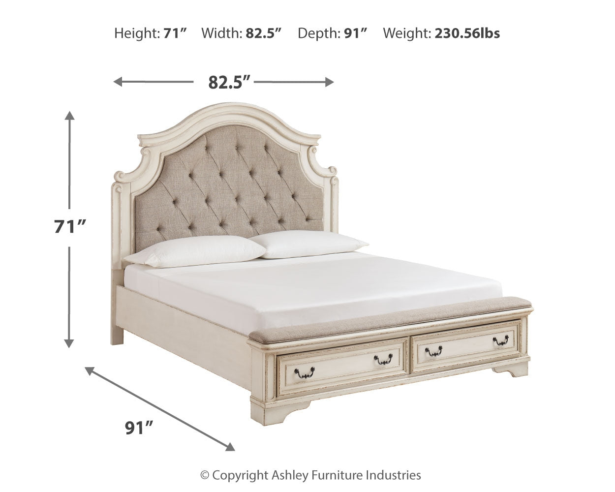 Realyn Chipped White California King Upholstered Youth Bedroom Set with Dresser, Mirror and Chest