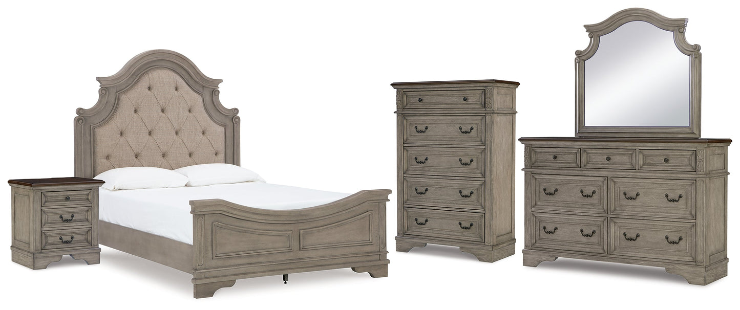 Lodenbay Gray Queen Upholstered Panel Bedroom Set with Dresser, Mirror, Chest and Nightstand