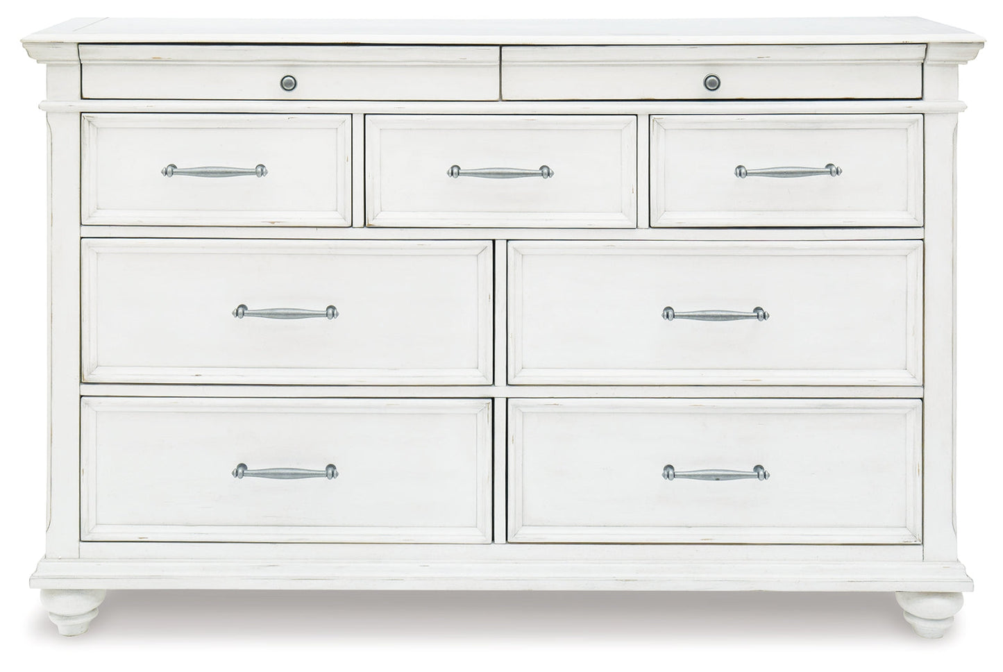 Kanwyn Whitewash Queen Upholstered Panel Bedroom Set with Dresser, and Nightstand