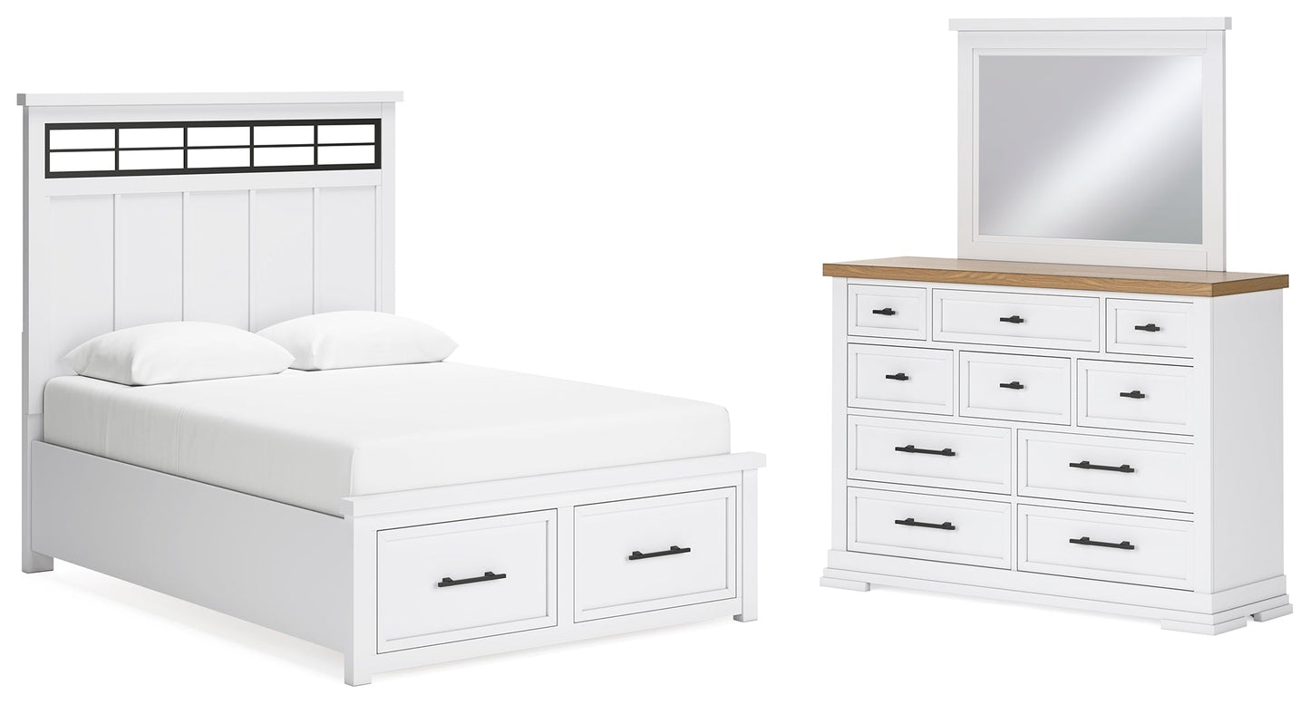 Ashbryn White/Natural Queen Panel Storage Bedroom Set with Dresser and Mirror