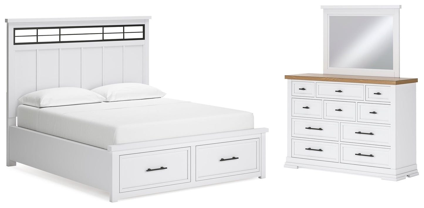 Ashbryn White/Natural California King Panel Storage Bedroom Set with Dresser and Mirror