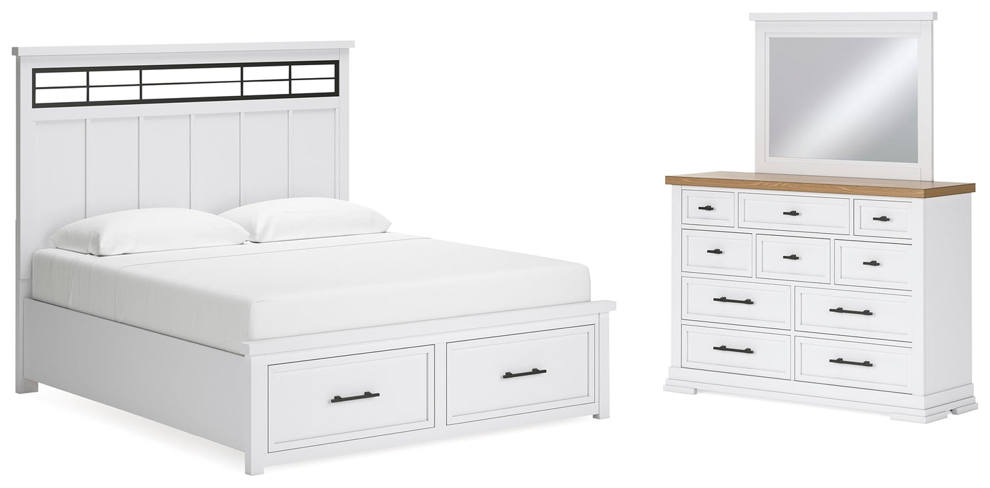 Ashbryn White/Natural King Panel Storage Bedroom Set with Dresser and Mirror