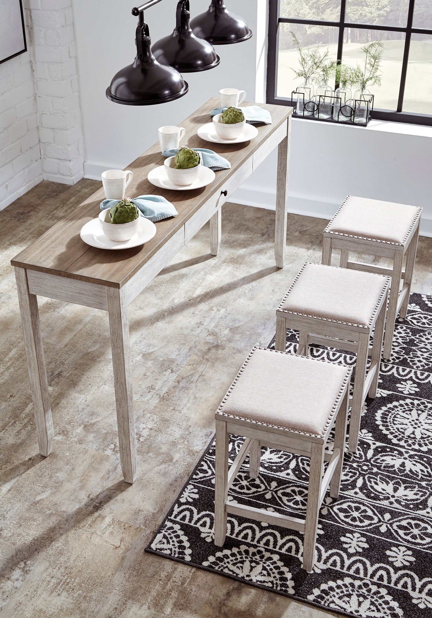 Skempton White/Light Brown Counter Height Dining Table & 2 Bar Stools (Set of 3)