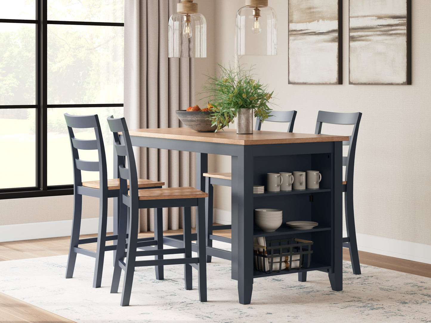 Gesthaven Natural/Blue Counter Height Dining Table and 4 Barstools