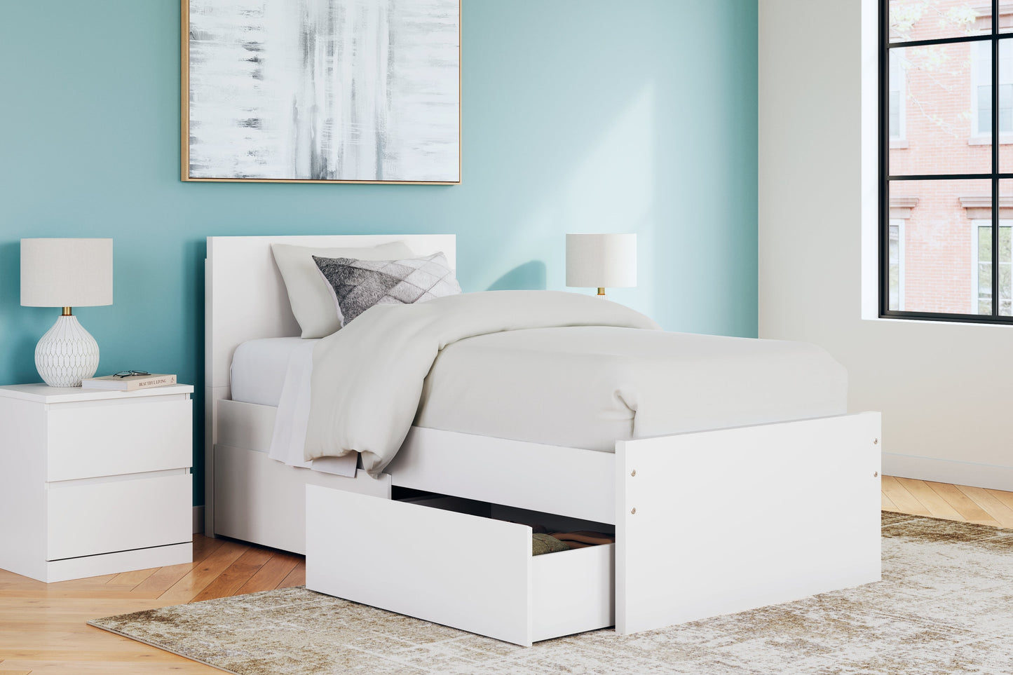 Onita White Twin Panel Platform Youth Bed with 1 Side Storage