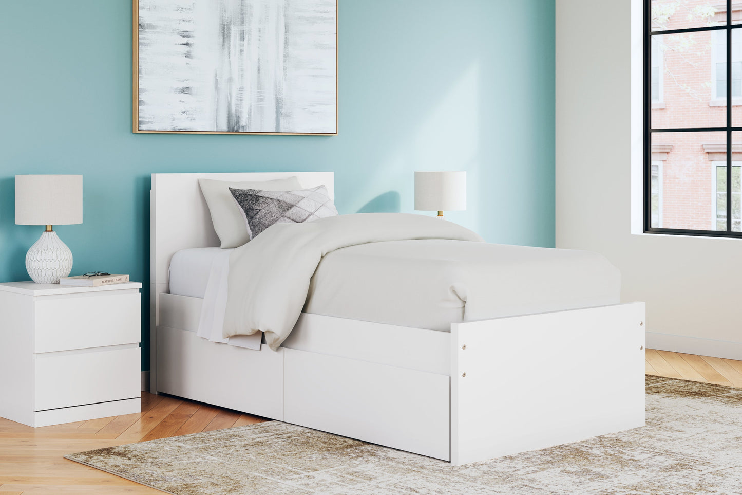 Onita White Twin Panel Platform Youth Bed with 1 Side Storage
