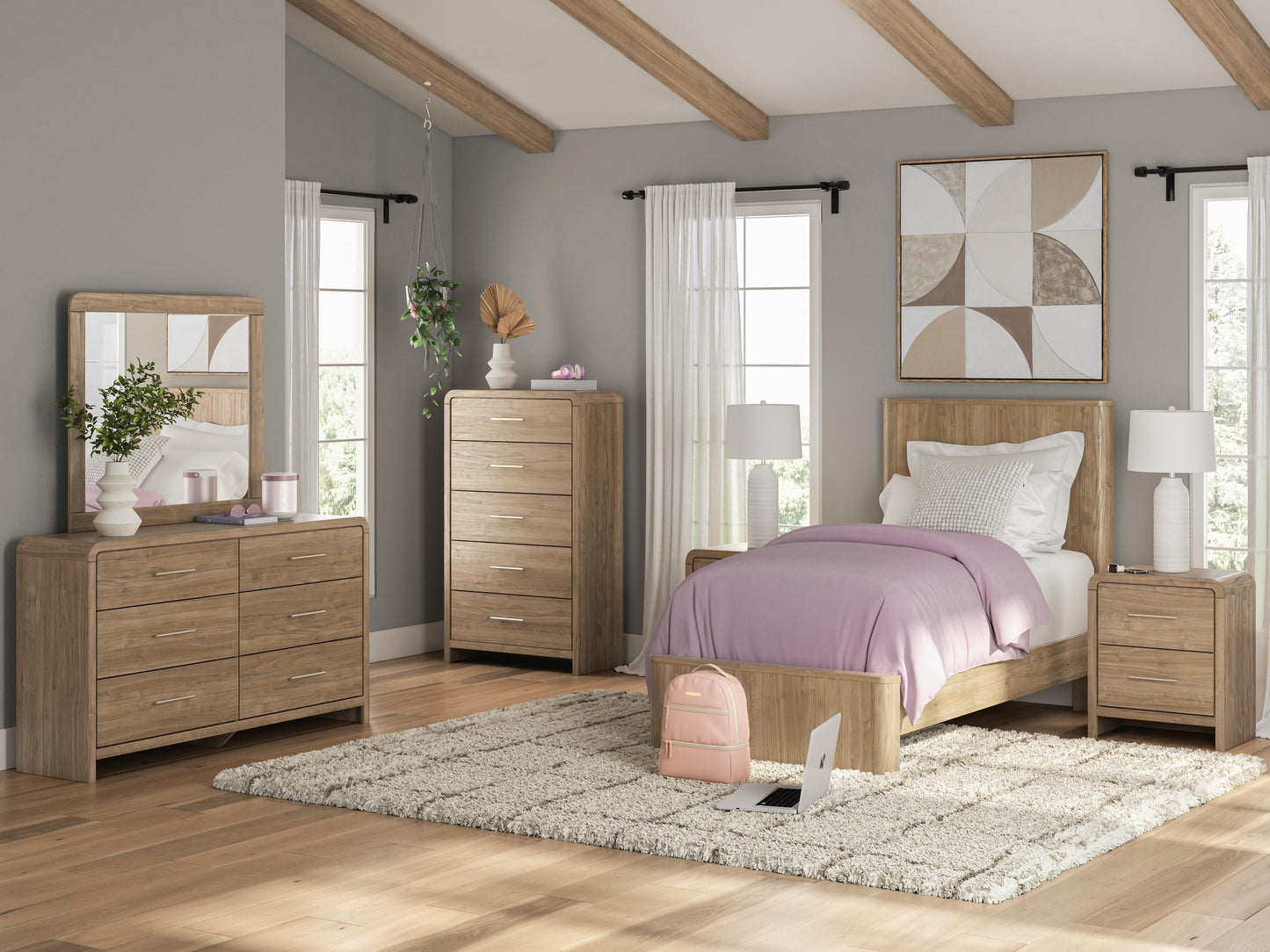 Gramburg Warm Natural Brown Twin Panel Platform Bed- Viva Furn