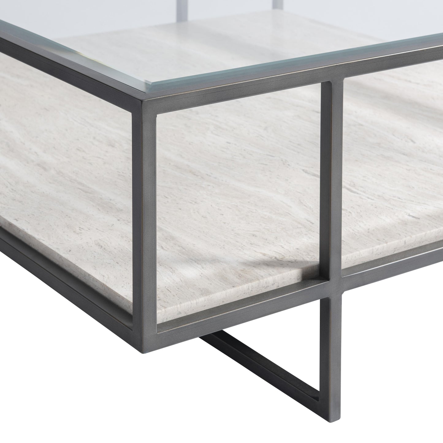 Harlow Glass/White Travertine/Oil-Rubbed Bronze Cocktail Table - Ornate Home