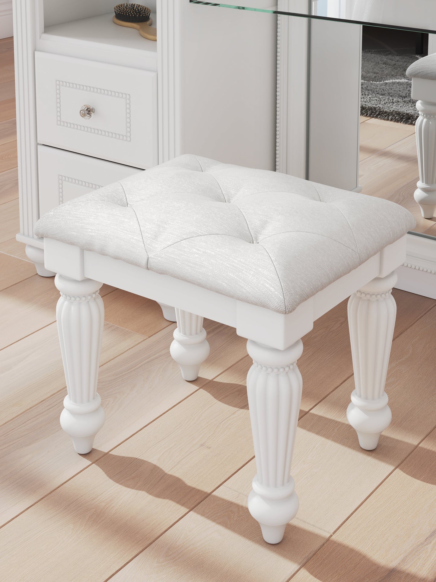 Kozlani White Vanity, Mirror and Stool- Viva Furn
