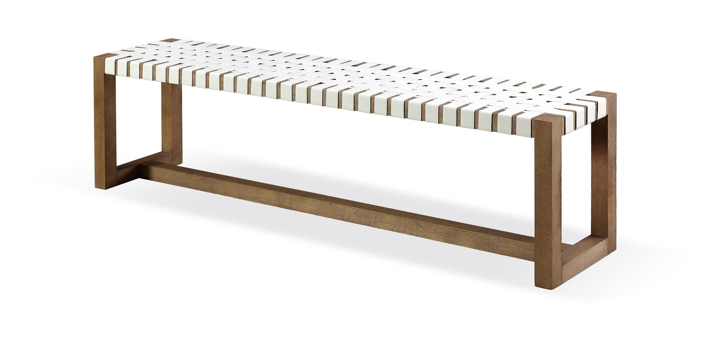 One Woven Leather and Solid Wood Dining Bench in White and Bisque - Ornate Home
