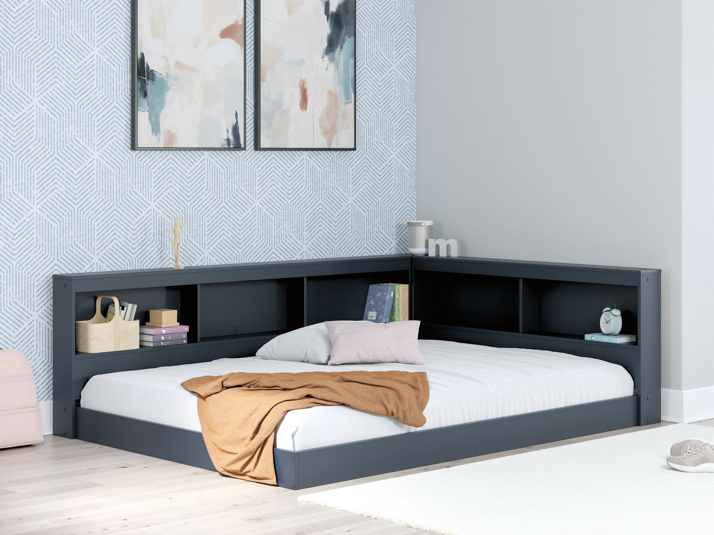 Simmenfort Navy Blue Full Bookcase Storage Youth Bed- Viva Furn