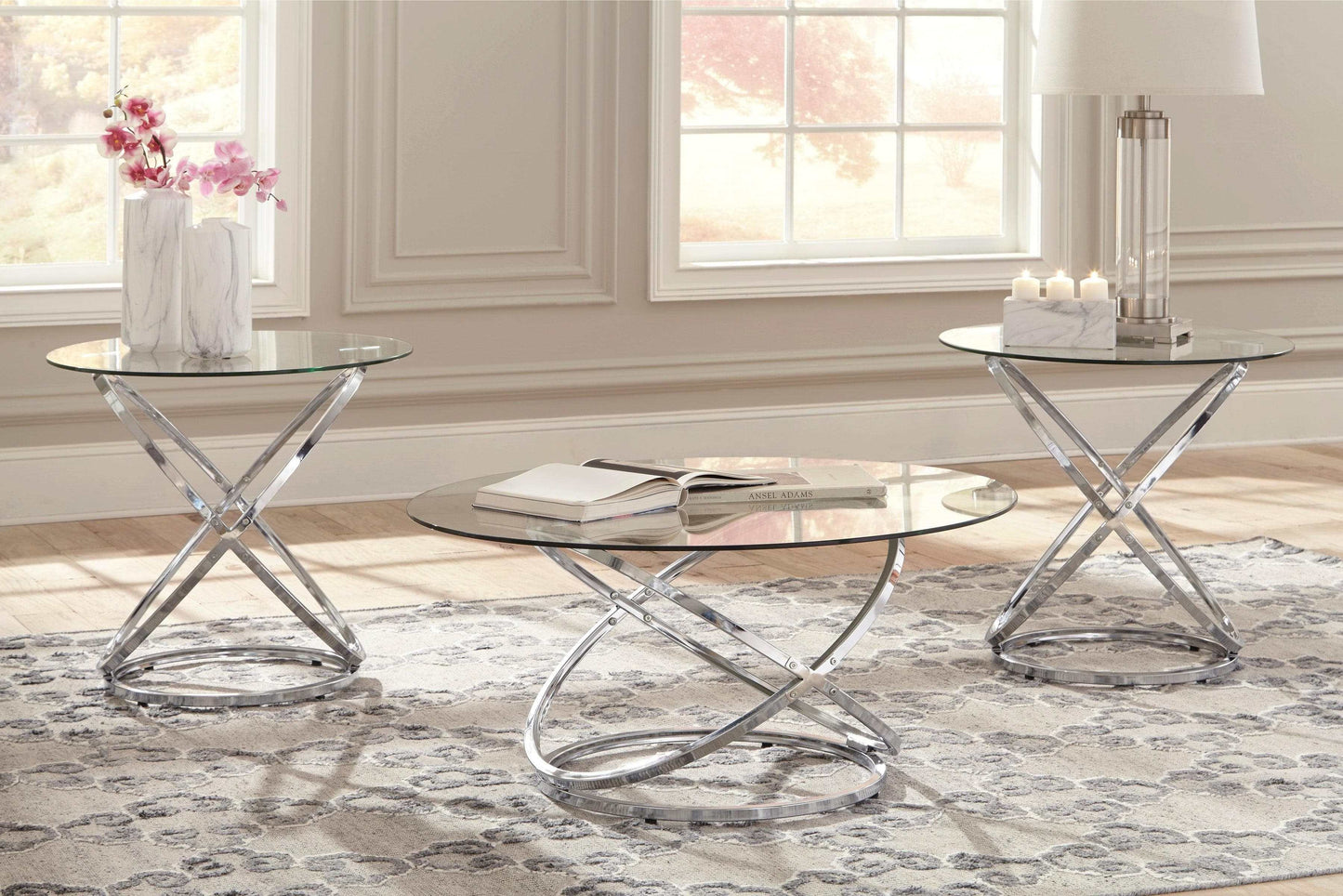 Hollynyx Chrome & Glass Coffee Table Set (3pc)